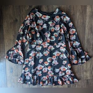 Who What Wear Black Floral Poppy Print Dress With Long Bell Sleeves Size Med